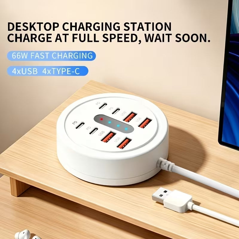 66W Multi Port USB C Charging Station, 4 USB-A + 4 Type-C PD Fast Charger Hub, Desktop Round USB Charger for Multiple Devices