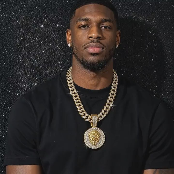 New European & American Hip‑hop Men’s Necklace, Full‑paved Diamond Cuban Link Chain, Unique Round Lion Head Animal Pendant
